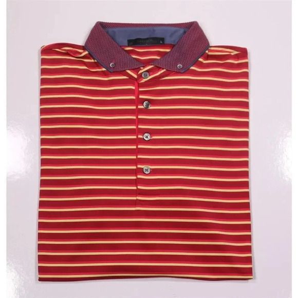 Greyson Red/Yellow Striped Performance Button-Down Collar Golf Polo Shirt~ L - Picture 1 of 7